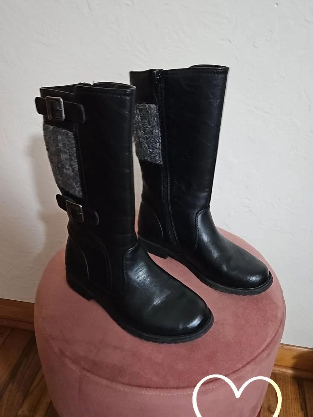 GIRLS Black Tall Side-Zip Boots with Gray Knit Panel